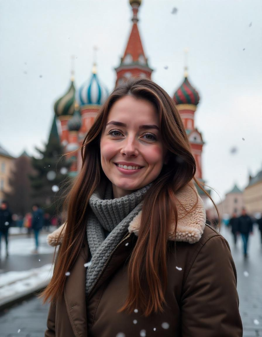 Smiling Russian language teacher Alina standing in front of Saint Basil’s Cathedral in Moscow during winter, representing Mother Russia tutoring services.